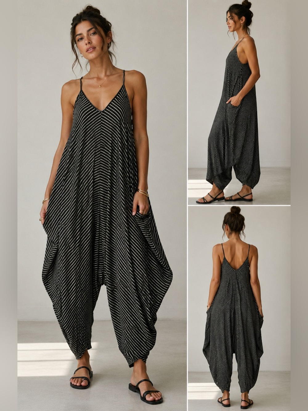 Cozy Casual Striped Draped Harem Jumpsuit Black White Stretchy Relaxed Fit M-L